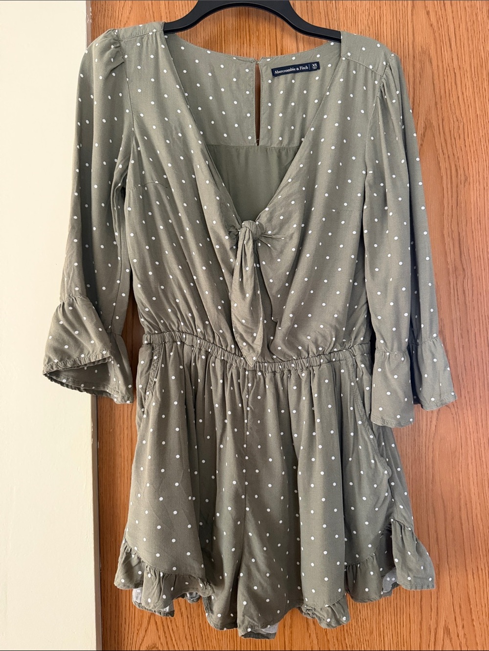 Abercrombie & Fitch Olive Polka Dot Tie-Front Mini romper